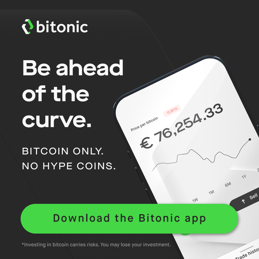 Start your bitcoin journey with Bitonic.

Buy, sell, save and store bitcoin with ease.

Download the Bitonic app. 

bitonic.nl/app