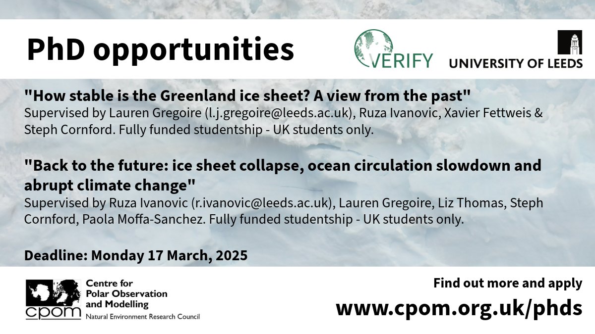 We are really excited to share these fully-funded #PhDposition opportunities (UK-students only) from <a href="/UniversityLeeds/">University of Leeds</a> on the <a href="/ARIA_research/">ARIA</a> -funded project 'VERIFY: Out Of Sample Testing For Early Warning Systems Using Past Climate' 👇
cpom.org.uk/phds/