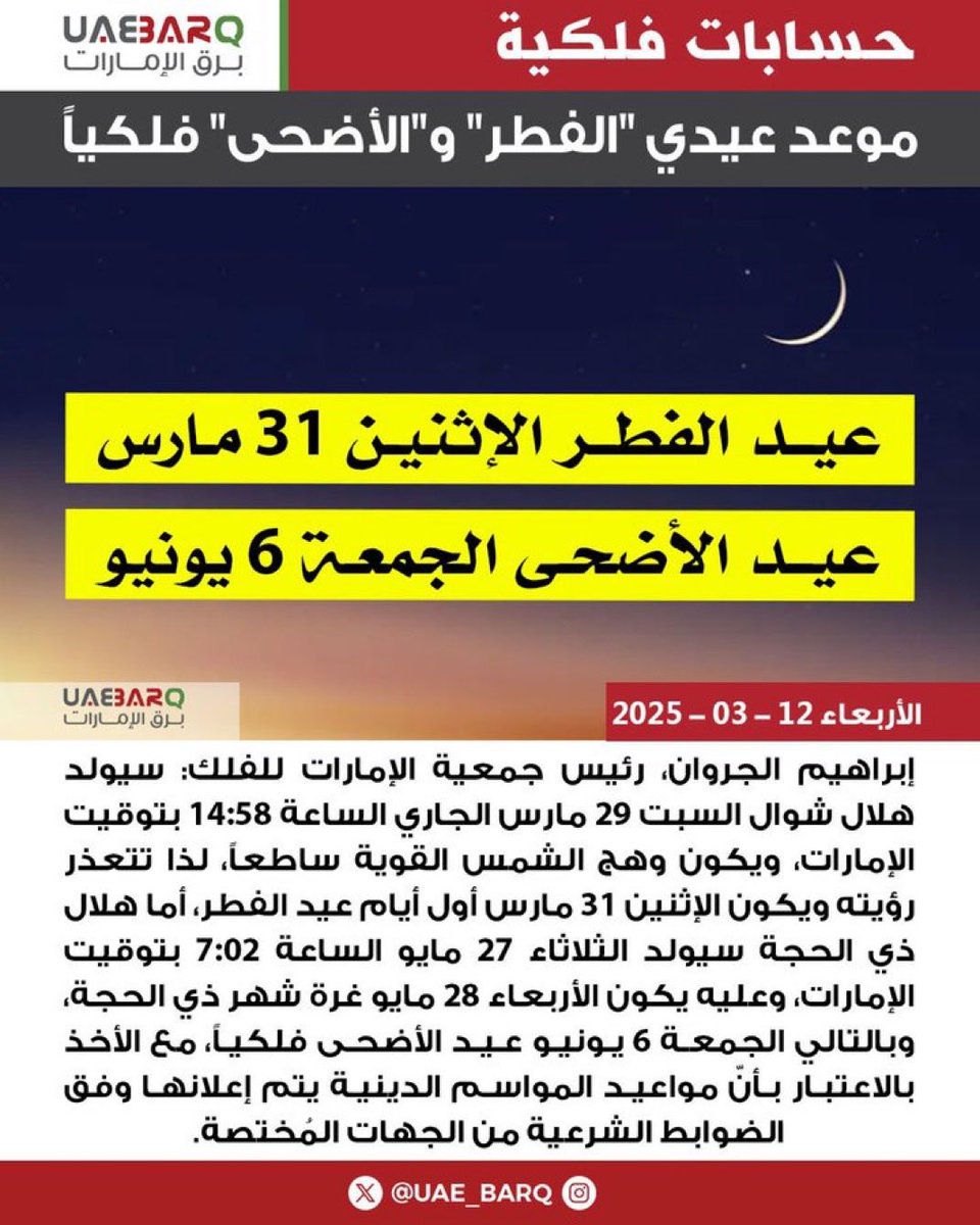 موعد عيدي " الفطر " و " الأضحى " فلكياً ….