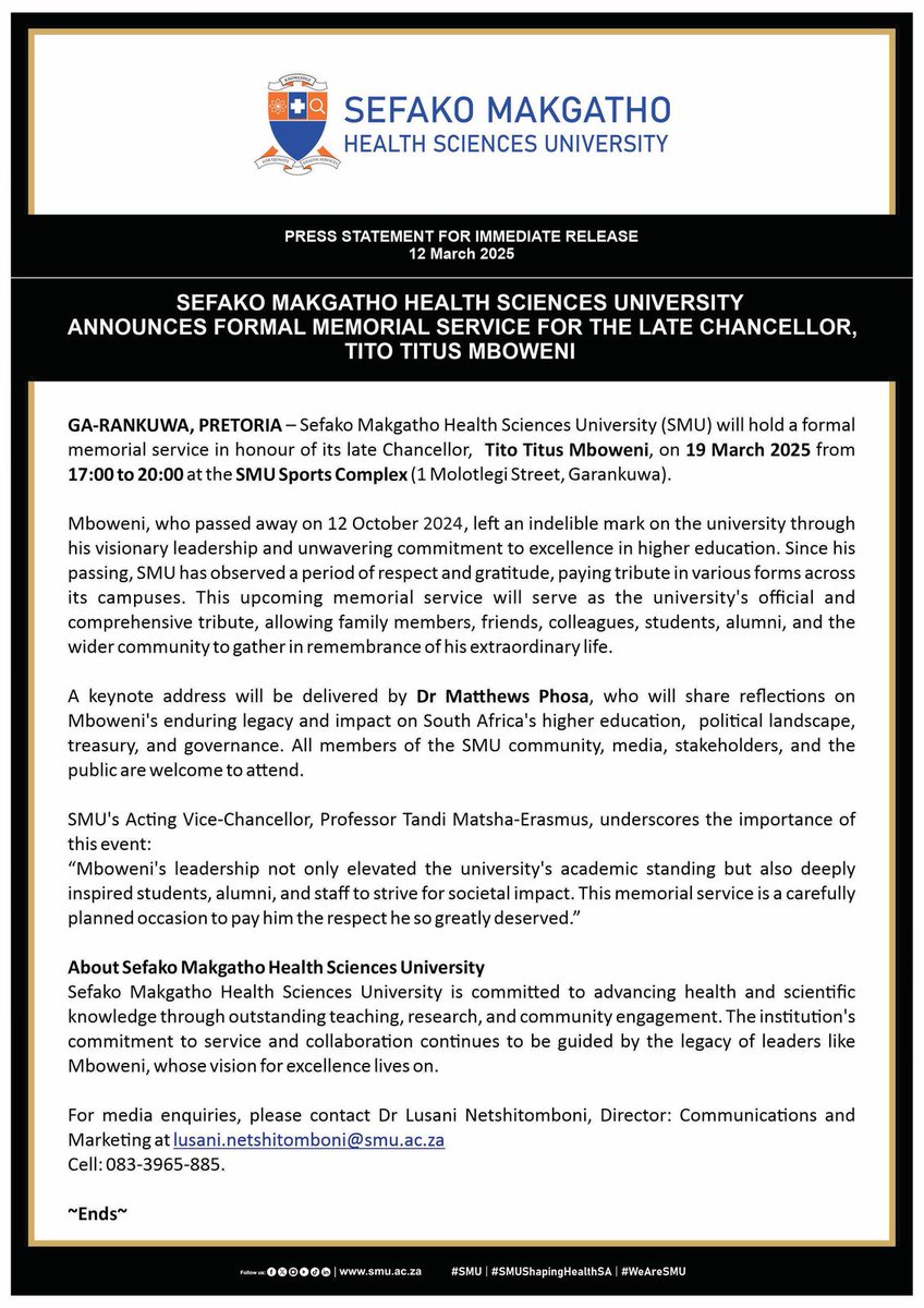 SMU_SA's tweet image. We are honoured to invite you to the Memorial Service for our late Chancellor, Mr Tito Mboweni, on 19 March 2025. Please take a look at the poster for full details and confirm your attendance via the RSVP link below.

RSVP Link: forms.office.com/r/zErRwfYNX0

#SMUHonoursTitoMboweni