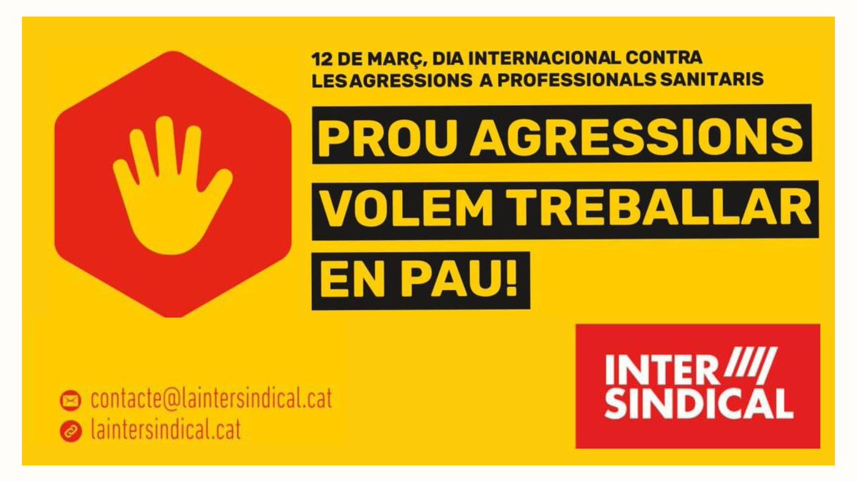 🧑‍⚕️Cal implementar urgentment mesures efectives per protegir les persones que treballen en sanitat.

🚫Prou agressions! Defensem la seguretat de professionals i pacients!

👀Consulta les 10 mesures que proposem per erradicar la violència en aquest àmbit.👇

laintersindical.cat/proposem-10-me…