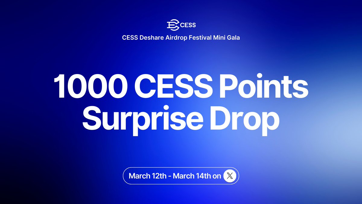 CESS Network (@cess_storage) on Twitter photo Surprise all! We’re making the CESS DeShare Airdrop Festival even bigger! 🎁
🎉CESS Random Airdrop Lucky Gift is Here!
🎁A total of 1000 Lucky Points will be randomly airdropped—let’s see who the lucky ones are! ✨
1️⃣ Follow us on X <a href="/CESS_Storage/">CESS Network</a>
2⃣️ Join our Telegram Group Surprise all! We’re making the CESS DeShare Airdrop Festival even bigger! 🎁
🎉CESS Random Airdrop Lucky Gift is Here!
🎁A total of 1000 Lucky Points will be randomly airdropped—let’s see who the lucky ones are! ✨
1️⃣ Follow us on X <a href="/CESS_Storage/">CESS Network</a>
2⃣️ Join our Telegram Group