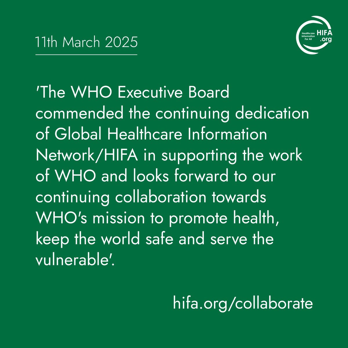 HIFA (@hifa_org) on Twitter photo The <a href="/WHO/">World Health Organization (WHO)</a> renews official relations status with HIFA: Invitation to support the HIFA-WHO Collaboration Plan 2025-2027 The <a href="/WHO/">World Health Organization (WHO)</a> renews official relations status with HIFA: Invitation to support the HIFA-WHO Collaboration Plan 2025-2027