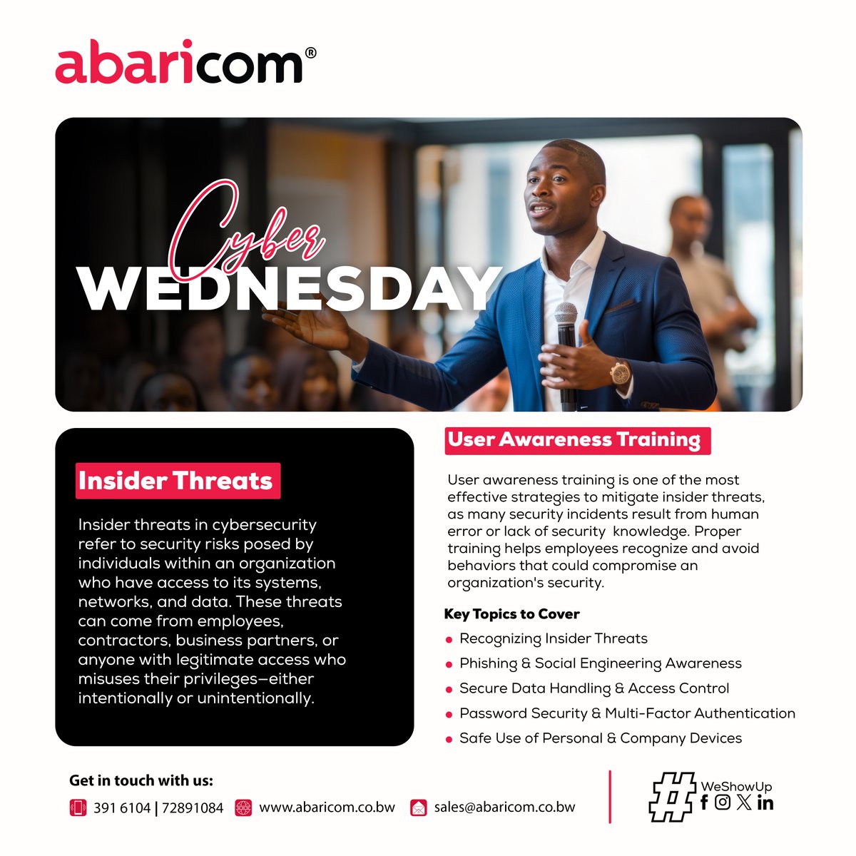 Abaricom offers User Awareness &amp; Training to equip your team with the knowledge to detect and prevent insider threats before they cause harm. Stay ahead of cyber risks with expert-led training.

#CyberSecurity
#WeShowUp