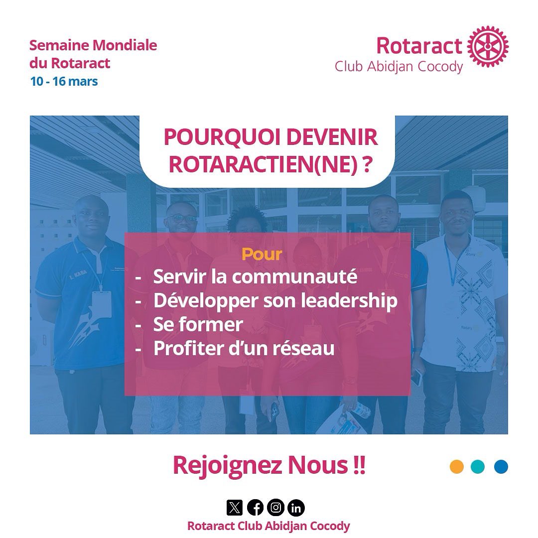 ClubCocody's tweet photo. Transformer des personnes ordinaires en des personnes extraordinaires.

Depuis plus de 50 ans le Rotaract a réussi à transformer un grand nombre de jeune vivant partout dans le monde en des personnes de qualités et utiles pour leur communauté. https://t.co/4gyEfilV9x