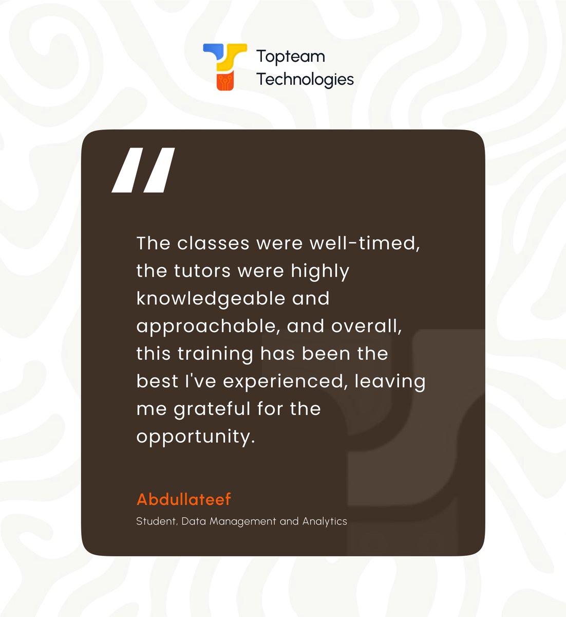 TopteamLtd's tweet image. We’re all about giving you the best learning experience. Here’s what some of our Cohort 1 students have to say about their journey with us!

#tech #feedback #dataanalytics