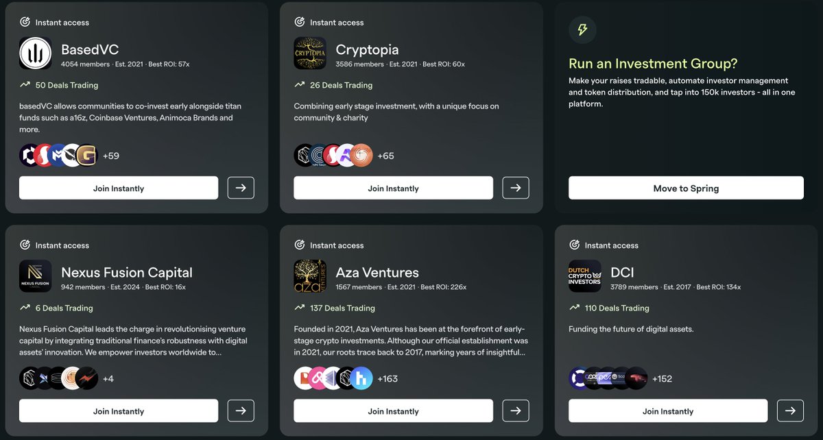 Oh, you want to join some of the best investment groups in Web3 instantly?

We got you covered.

You can now browse investment groups and discover which ones offer immediate access to investing and trading on spring.net/discover.