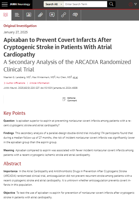 Apixaban compared to aspirin was associated with fewer incident nonlacunar covert infarcts among patients with a recent cryptogenic ischemic stroke and atrial cardiopathy. ja.ma/4ii6PJ8