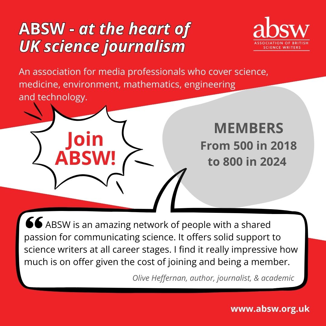 ABSW (@absw) on Twitter photo #ABSW 👉 Join now!
🔗 zurl.co/DqbbU
You will be able to connect with over 800 science journalists and communications professionals within the network.
Through ABSW memberships in <a href="/WFSJ/">World Federation of Science Journalists</a> and <a href="/eurofsj/">EFSJ - Euro Sci Jour</a>, you can also develop your network of science journalists worldwide. #ABSW 👉 Join now!
🔗 zurl.co/DqbbU
You will be able to connect with over 800 science journalists and communications professionals within the network.
Through ABSW memberships in <a href="/WFSJ/">World Federation of Science Journalists</a> and <a href="/eurofsj/">EFSJ - Euro Sci Jour</a>, you can also develop your network of science journalists worldwide.