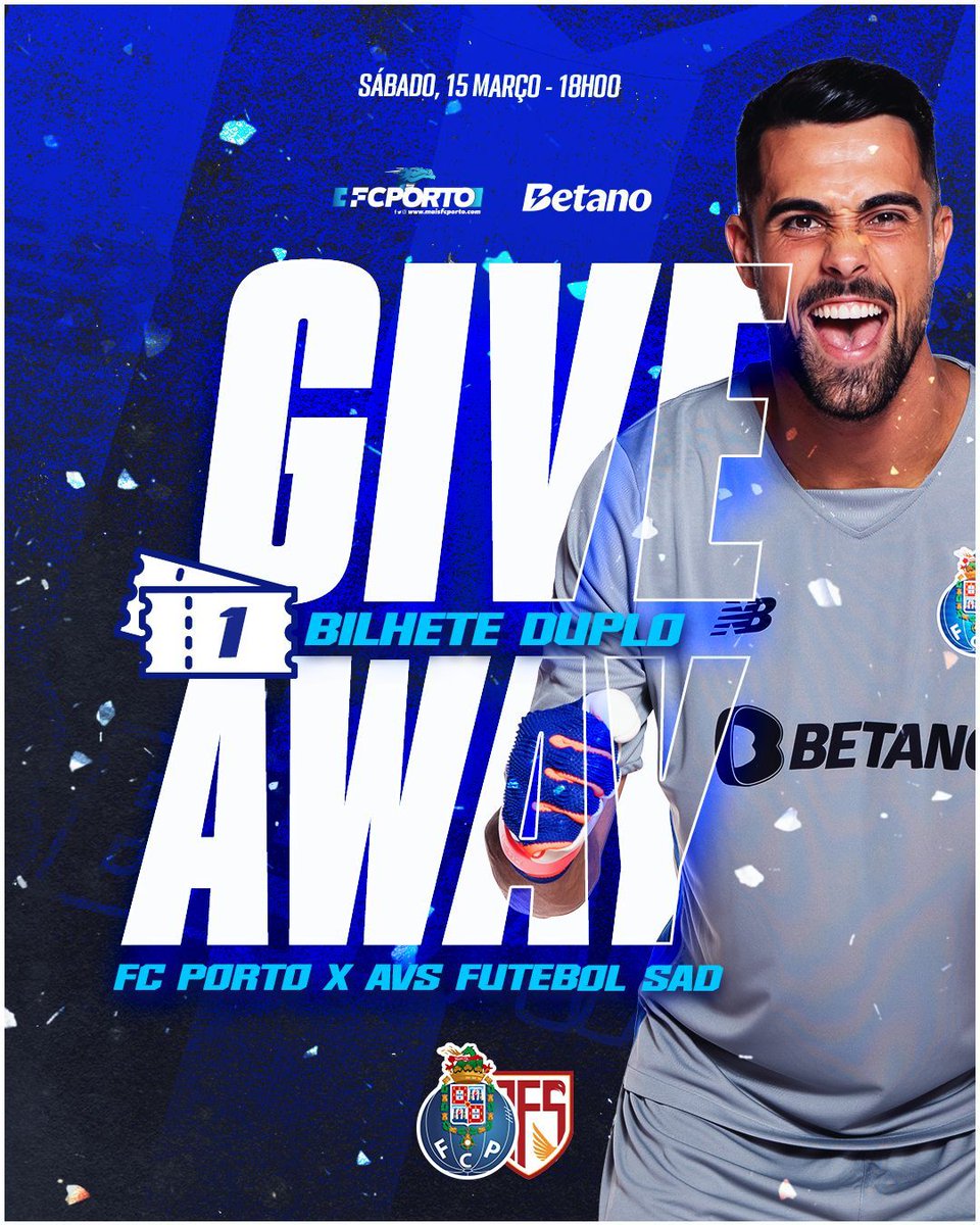 🚨🔵 G I V E A W A Y ⚪️🚨

Mais um jogo no Dragão, mais um giveaway! 🐉 

Por isso, em parceria com a <a href="/Betano_PT/">Betano Portugal 🔞</a>, estamos a oferecer 2⃣ BILHETES DUPLOS 💥
1⃣no 𝕚𝕟𝕤𝕥а𝕘𝕣а𝕞 
1⃣ NO 𝕏!

@fcporto 🆚 AVS Futebol SAD

Para participares só tens de:
1️⃣ Seguir o <a href="/maisFCPorto/">+FC Porto</a> e a