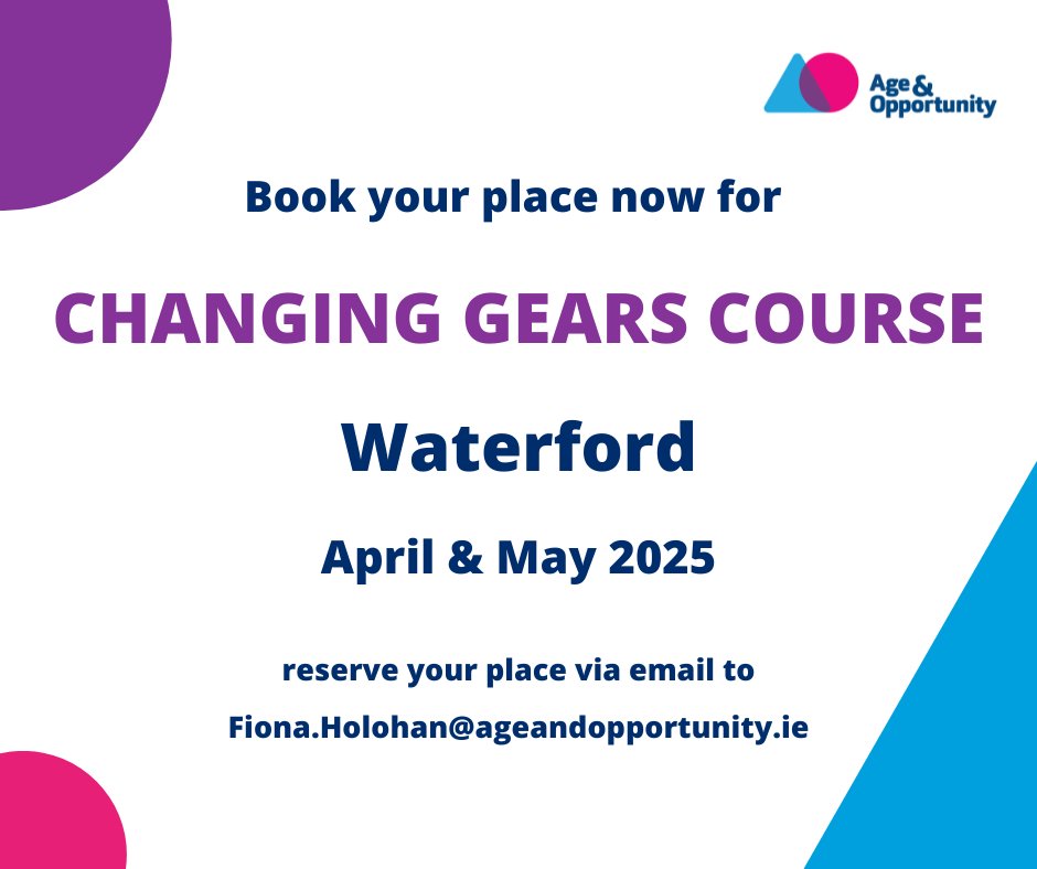 Age & Opportunity 🌈 (@age_opp) on Twitter photo We are delighted of offer Changing Gears this April/May in Waterford.Designed to boost wellbeing & resilience for those aged 50+ years, this 5 session course focuses on managing transitions in mid to later life. Full details and how to book here: ow.ly/Wl0a50VfJT5
<a href="/HSELive/">HSE Ireland</a> We are delighted of offer Changing Gears this April/May in Waterford.Designed to boost wellbeing & resilience for those aged 50+ years, this 5 session course focuses on managing transitions in mid to later life. Full details and how to book here: ow.ly/Wl0a50VfJT5
<a href="/HSELive/">HSE Ireland</a>