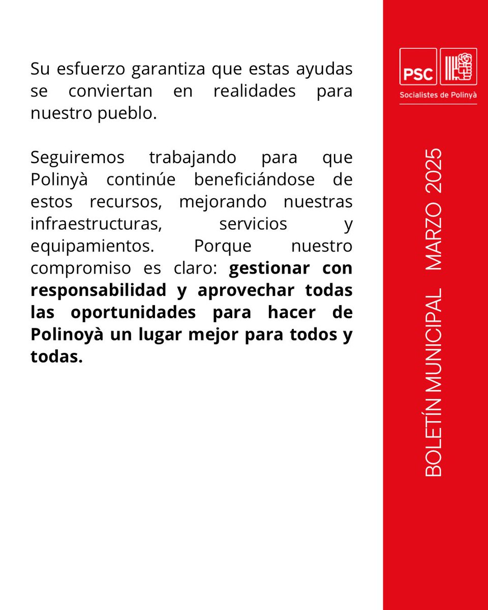 📰🗣️Article d’opinió del mes de març de 2025 del grup municipal del #PSC en el butlletí municipal La Bomba.

“LAS SUBVENCIONES, UNA OPORTUNIDAD PARA POLINYÀ”

#polinyà
