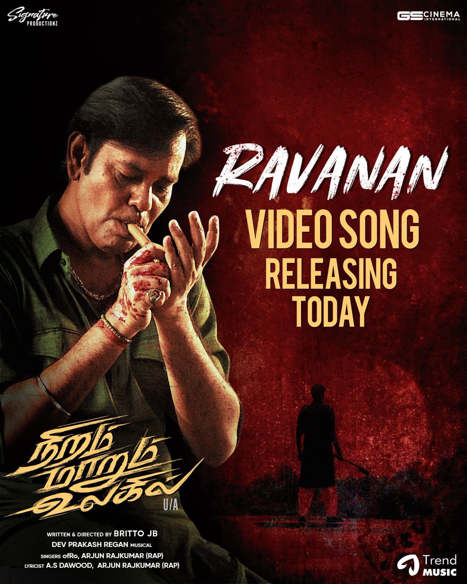 rajakumaari's tweet photo. Watch #Ravanan Video Song from #NiramMarumUlagil Releasing Today !!

A @DevPrakash2816 🎼 Musical 🎶
Sung by 🎙️ @ofrooooo #ArjunKumar (Rap)
Lyrics by ✍️ #ASDawood #ArjunKumar

#NiramMarumUlagilRunningSuccessfully #TrendMusic

⭐ring @offBharathiraja @natty_nataraj @rio_raj @iamSandy_Off

Directed by @brittoguru
Produced by @Signaturepro01 & @gs_cinema 

@aadhira78 @ayrakrishnaaa @Lenin60992471 @editor_tamil @MallikaArjunDOP @Raja100Sm @Sridevistylist @dineshashok_13  @Trendloud @proyuvraaj