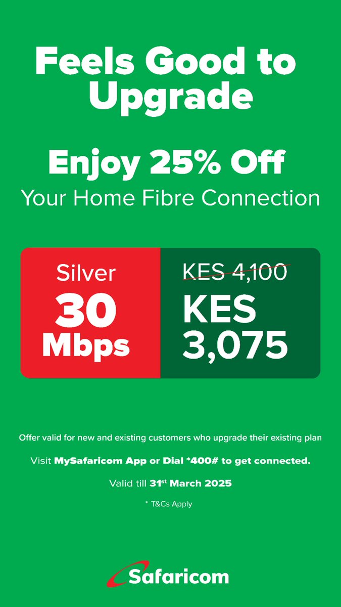 Safaricom Home Fibre makes working, gaming, and streaming better! Get 25% off, free installation, and a free router. Plus, enjoy seamless internet with enhanced speeds. #FeelsGoodToUpgrade #FeelsGoodToBeHome <a href="/SafaricomPLC/">Safaricom PLC</a>