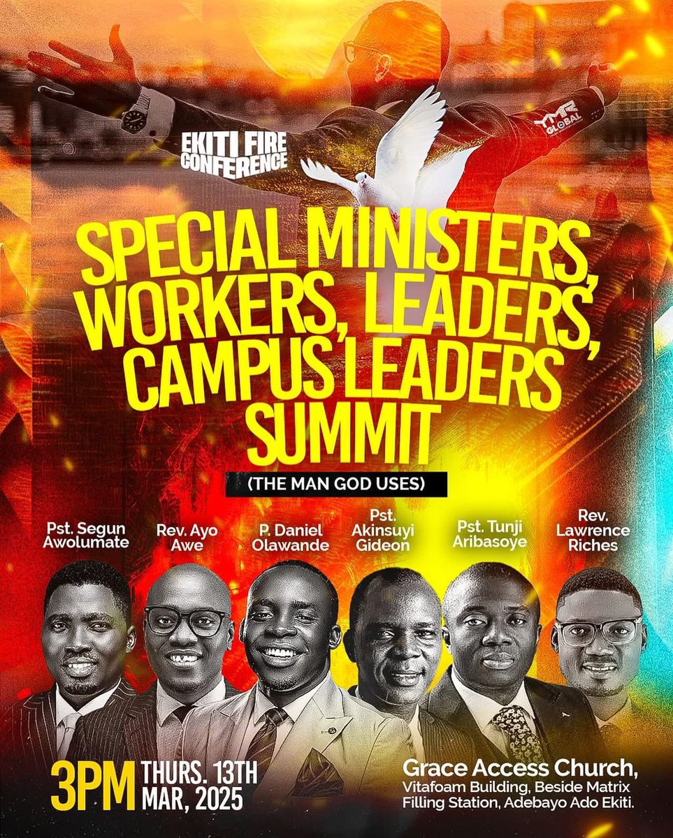 Ekiti fire conference ministers conference is happening tomorrow 
It’s going to be explosive 

The man God uses

Venue: Grace Access Church 
3pm

Don’t miss it 
It’s going to be explosive