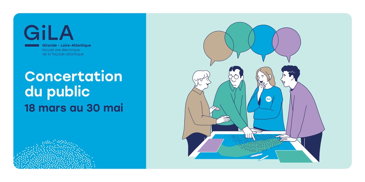 🗓️Du 18/03 au 30/05, participez à la concertation du public sur le projet GiLA (Gironde- Loire-Atlantique) : nouvel axe électrique de la façade atlantique. 
⚡️Ce projet au service de la transition énergétique vous concerne ! 
Venez à notre rencontre lors des réunions publiques,