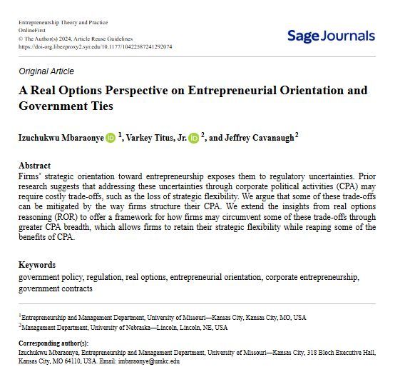ETPjournal's tweet image. How can firms navigate regulatory uncertainty without losing strategic flexibility?
New research in Entrepreneurship Theory & Practice finds that greater CPA breadth helps firms balance political engagement and strategic adaptability.
doi.org/10.1177/104225…