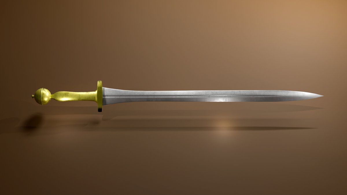 「古代ヨーロッパの刀剣」4 
ギリシャ式スパタ。  

馬上から振り下ろすための長剣で長さ70～80ｃｍとのこと。剣なんてどれも同じに見えるけどいろいろ役割があるんですね。

#Blender #3Dモデリング