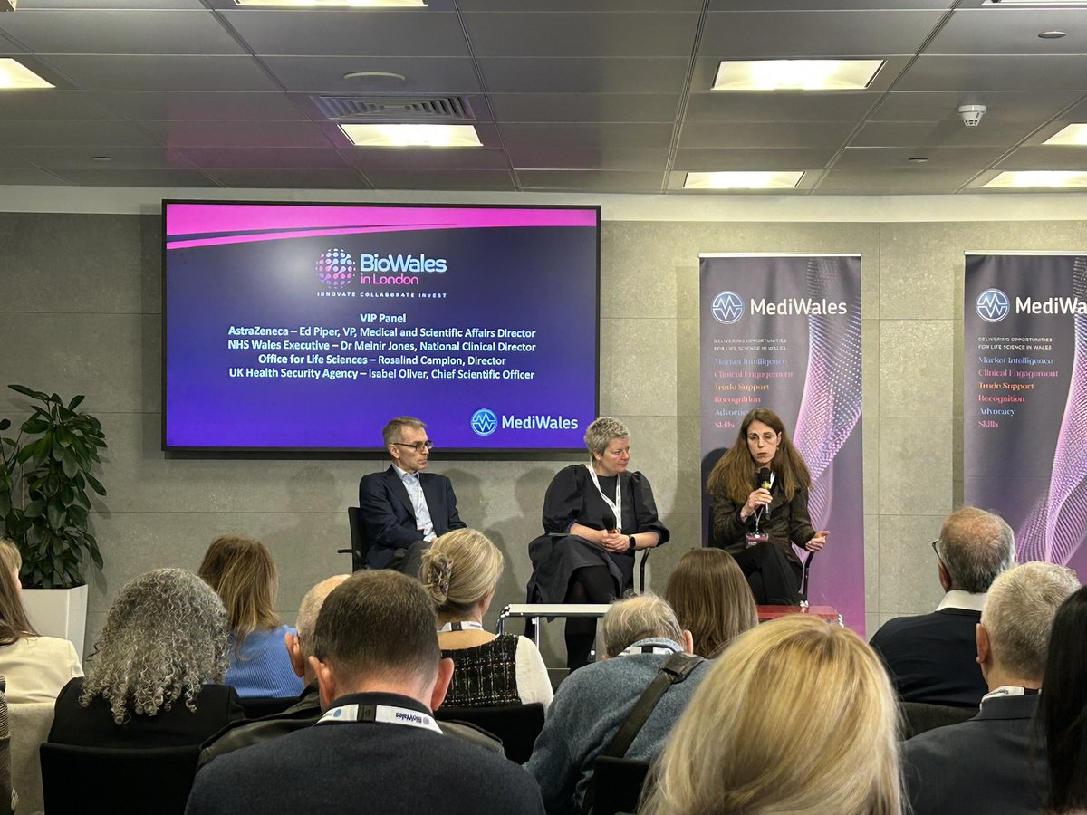 Great to hear from the VIP panel here <a href="/mediwales/">MediWales</a> with Isabel Oliver (soon to be) Chief Medical Officer in Wales (on the right). Rosalind Campion showing great insight in to life sciences and Ed Piper highlighting great work <a href="/AstraZeneca/">AstraZeneca</a> are doing in Wales