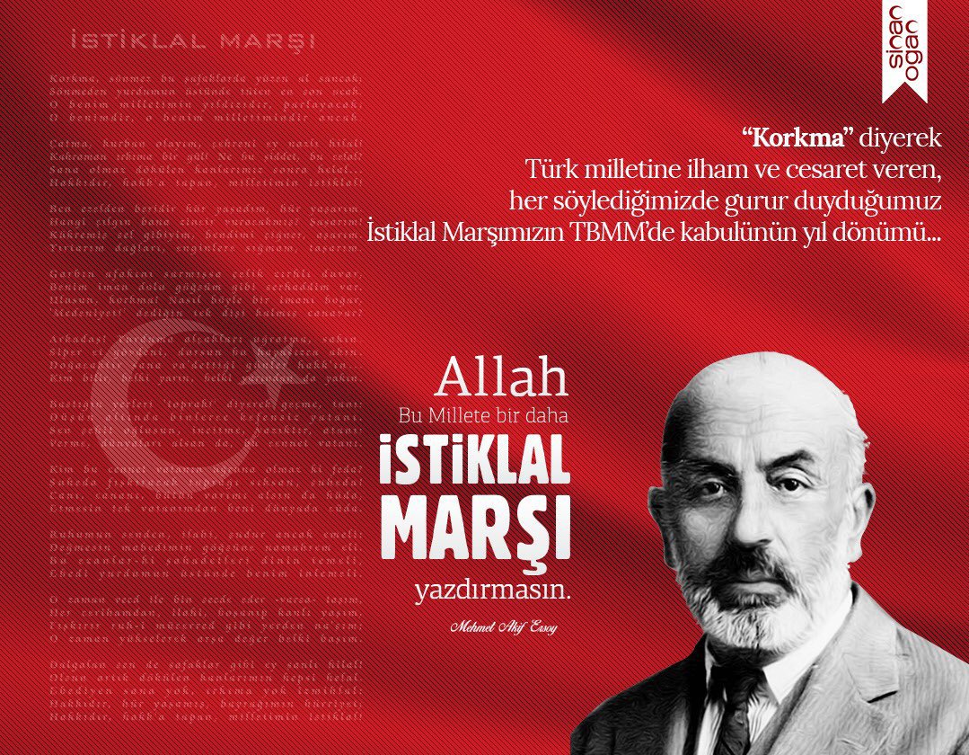 "Allah bu millete bir daha, İstiklal Marşı yazdırmasın." 

İstiklal Marşı’mızın kabülünün 104. yılında Milli şairimiz #MehmetAkifErsoy ’u rahmet ve minnetle anıyorum.
