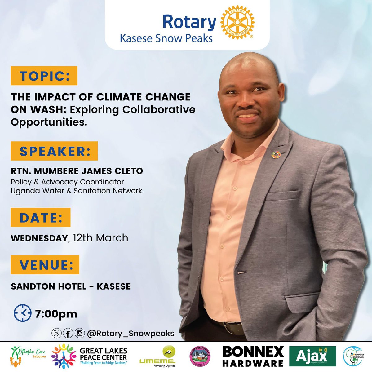 cleto_james's tweet image. I will be speaking this evening to the members of the Rotary Club of Kasese Snow Peaks about the WASH - Climate Change nexus. Please if you can, let’s join the discussion virtually through the link below. lnkd.in/d9bVmf3t