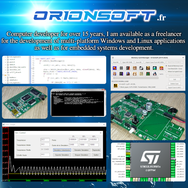 onorisoft's tweet image. Video game & software developer for over 15 years, I can help you create retro video games, embedded systems, cross-platform applications & tools. I'm available as a Freelancer, Contact me for a quote! orionsoft.fr