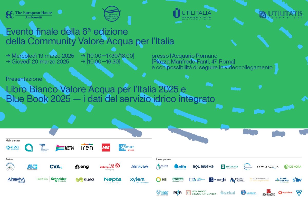 Droughtcentral's tweet image. Siamo lieti di aver collaborato con @Utilitalia e Fondazione @Utilitatis per la realizzazione del #BlueBook2025, rapporto sui dati del servizio idrico integrato in Italia.
📅 19 e 20 marzo 2025
📍 Acquario Romano, Piazza Manfredo Fanti 47 - Roma
portale.utilitalia.it/eventi/iscrizi…