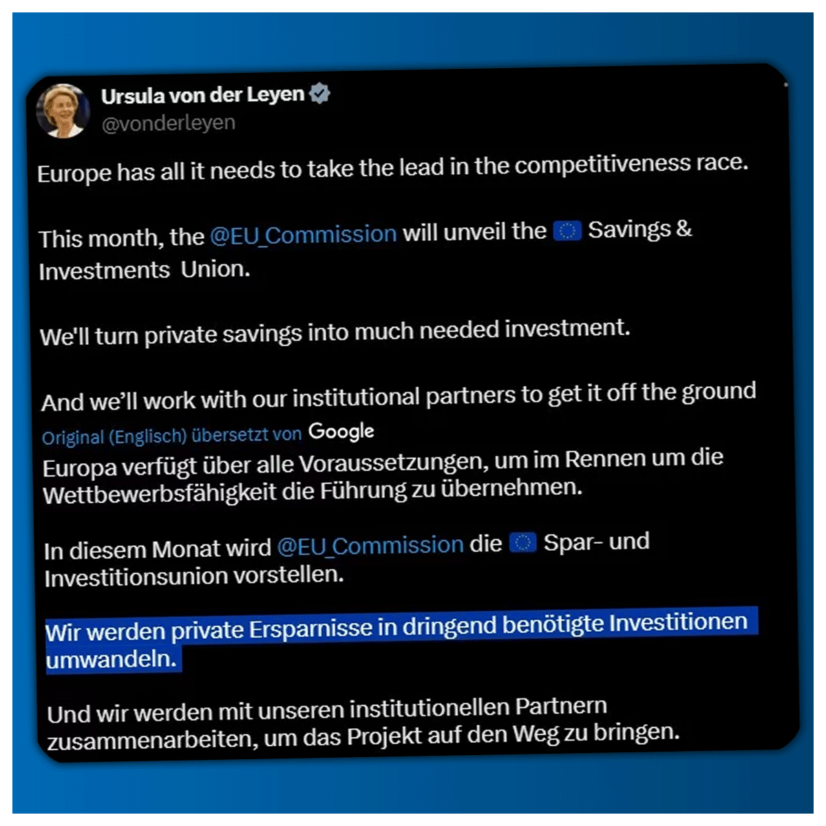 Alice_Weidel's tweet photo. "Wir werden private Ersparnisse in [...] Investitionen umwandeln": Was tatsächlich hinter @vonderLeyen's  "Spar- &amp; Investitionsunion" steckt, ist unbekannt. Die CDU-Kommissionschefin hat die Öffentlichkeit deshalb umgehend darüber zu informieren, was auf private Sparer zukommt! https://t.co/kBoflhvt1X