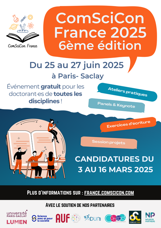 Echosciences Occitanie (@echoscisud) on Twitter photo Connaissez-vous <a href="/ComsciconFra/">ComSciCon France</a> ?
Ce workshop autour de la communication/médiation scientifique destiné aux doctorant·es se déroulera à Saclay cet été, mais tout est pris en charge pour celles et ceux qui viennent d'ailleurs 😉
Candidatures jusqu'au 16/03 :
echosciences-sud.fr/annonces/forma… Connaissez-vous <a href="/ComsciconFra/">ComSciCon France</a> ?
Ce workshop autour de la communication/médiation scientifique destiné aux doctorant·es se déroulera à Saclay cet été, mais tout est pris en charge pour celles et ceux qui viennent d'ailleurs 😉
Candidatures jusqu'au 16/03 :
echosciences-sud.fr/annonces/forma…