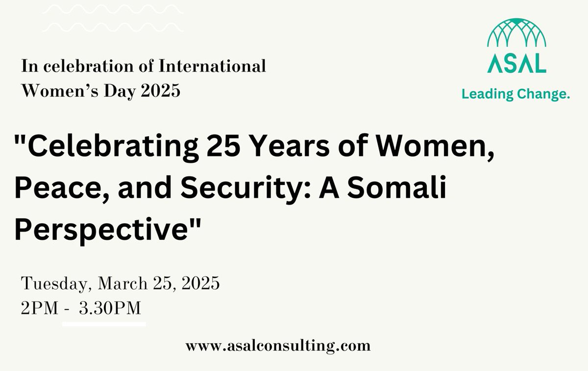 "Celebrating 25 Years of Women, Peace, and Security: A Somali Perspective" 

Join us on March 25, 2025, for a special International Women’s Day webinar as we commemorate the 25th anniversary of the Women, Peace, and Security (WPS) agenda. 

Key Themes:
- Progress in Implementing