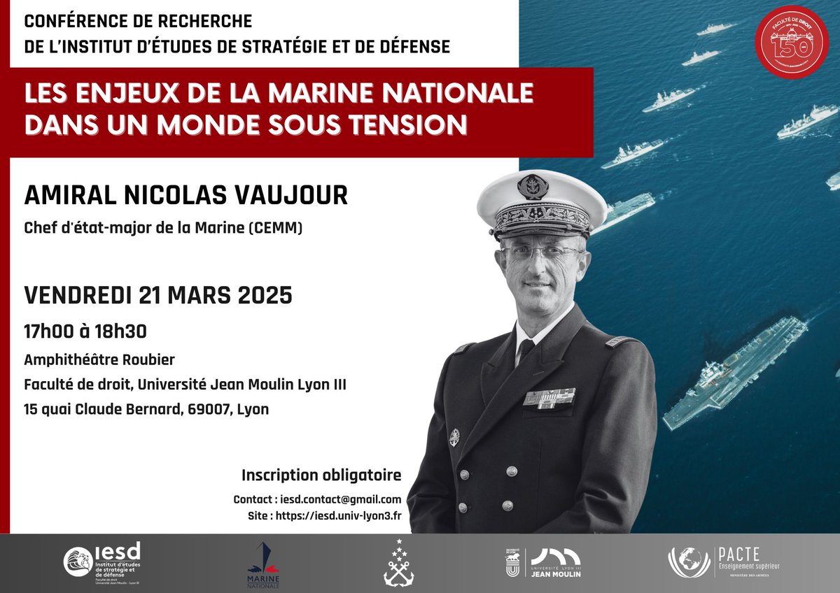 📢[RAPPEL]

⚓️Il est encore temps de s'inscrire à notre conférence exceptionnelle avec l'Amiral Nicolas Vaujour, chef d'état-major de la Marine Nationale (<a href="/CEMM_FR/">Chef d'état-major de la Marine</a>). 

🗓️RDV vendredi 21 mars.
💻 Inscription obligatoire : docs.google.com/forms/d/e/1FAI…

#PDSF2025