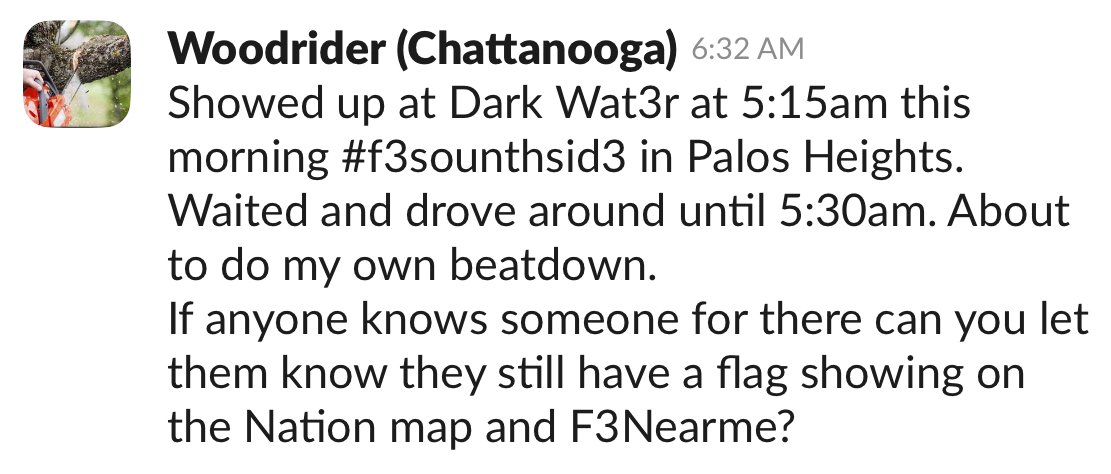 <a href="/F3Nation/">F3</a> 

The work of the weasel shaker is mysterious and important. 

All regions check the accuracy of your locations on the nation map for all downrange pax.