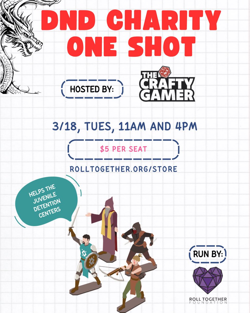 We’ll be hosting some DND one shots at the Crafty Gamer on Tuesday, 3/18! Be sure to reserve your seat. Each ticket goes to purchasing gaming for the local Juvenile Detention Centers!

#ttrpg #tabletop #rpg #dnd #dnd5e #oneshot #thingstodoorlando