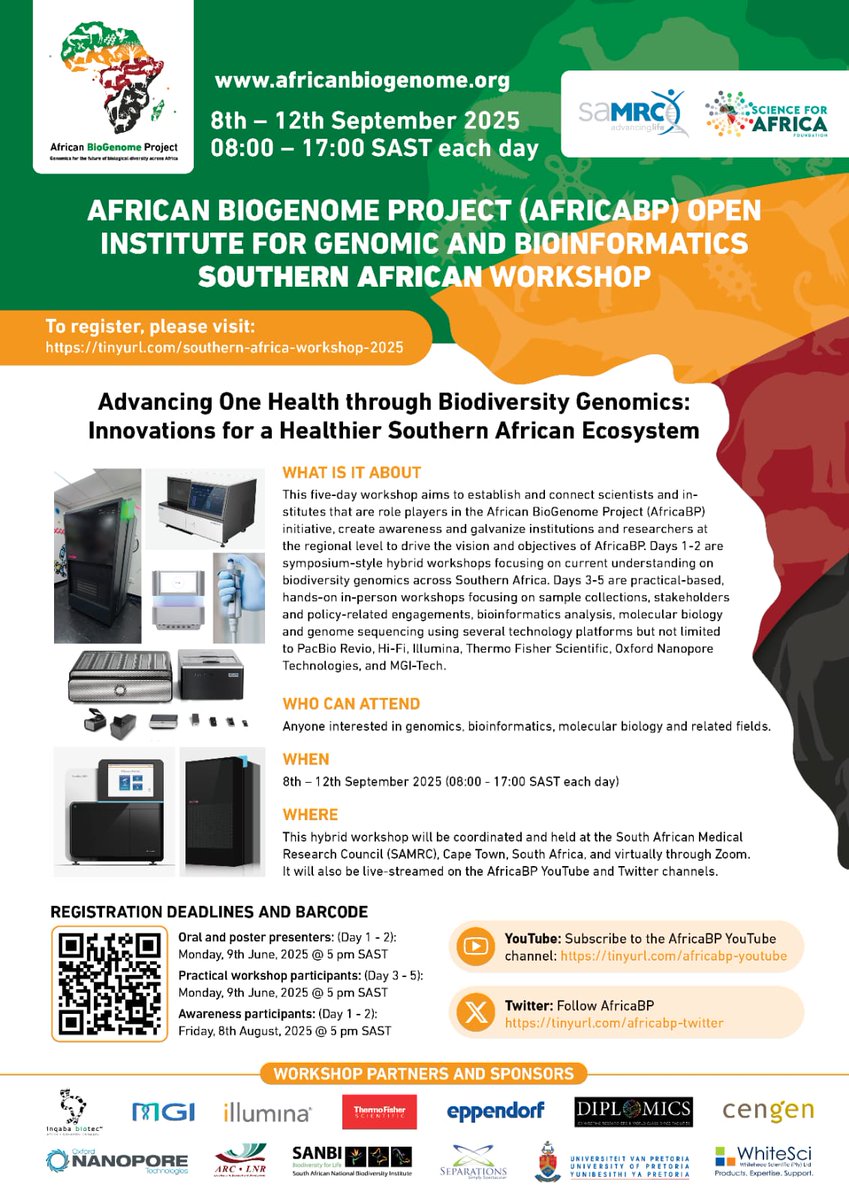 ThankGod_Ebenez's tweet photo. Today, applications begin for African BioGenome Project @DAISEA_AfricaBP Open Institute Southern Africa Regional Workshop 2025. This 5-day regional workshop will be coordinated by South African Medical Research Council @MRCza. To register, please visit:
https://t.co/XlDMg0UDzW https://t.co/vob9ZUACMl