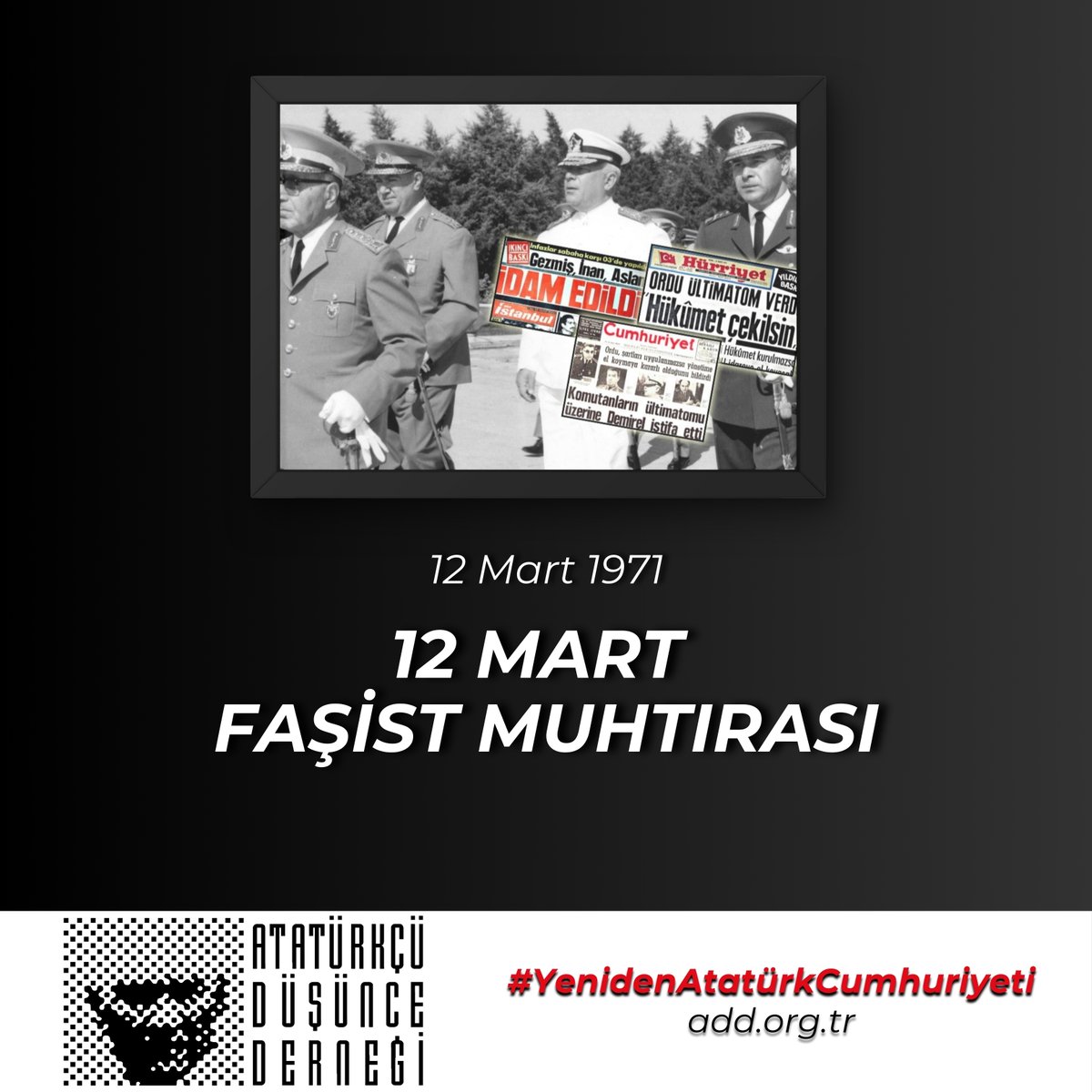 1961 Anayasası’nın demokratik kazanımlarını katleden, 12 Eylül’ün öncüsü, Batı Emperyalizmi güdümlü 12 Mart faşist muhtırasını 54. yıl dönümünde de lanetliyor, 3 Fidanımızı ve aramızdan alınan tüm canlarımızı saygıyla anıyoruz. #12Mart1971