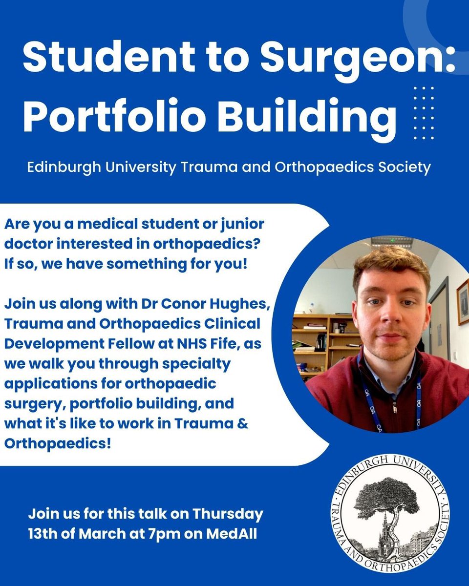 📢Are you a medical student or junior doctor interested in orthopaedics? If so, we have something for you! 🦴🛠️

Join us along with Dr Conor Hughes, Trauma and Orthopaedic Clinical Development Fellow at NHS Fife, as we walk you through specialty applications for T&amp;O!