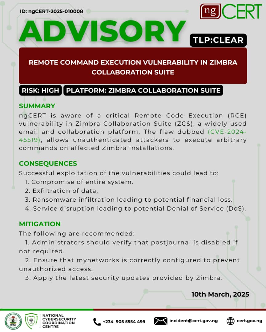 CRITICAL: REMOTE COMMAND EXECUTION VULNERABILITY IN ZIMBRA COLLABORATION SUITE. 
Visit our website for more info: cert.gov.ng/advisories/rem…