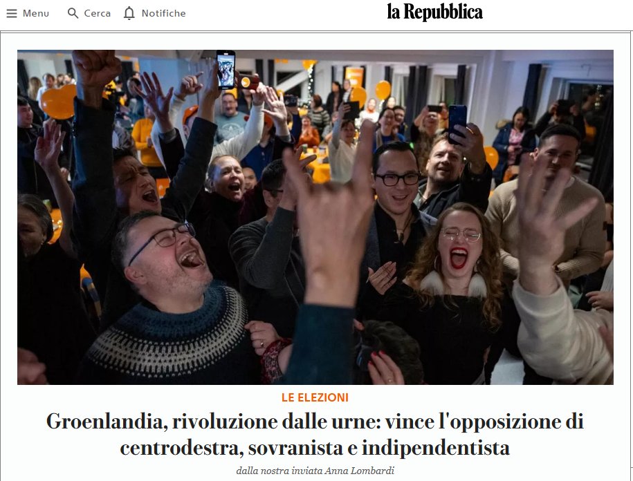 #Groenlandia, sia Repubblica che il Corriere hanno le foto dei festeggiamenti non dei Democratici, partito arrivato primo, ma di Naleraq, con in primo piano non il leader del partito Pele Broberg ma Kuno Fencker, il deputato "trumpiano" che alla fine nonostante tutta la