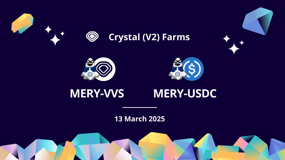 In celebration of <a href="/Misteryoncro/">MERYCOIN</a>'s recent listing on <a href="/cryptocom/">Crypto.com</a>, <a href="/BuiBaoToan2807/">David.CRO Validator.CRO (MERYCOIN👻)</a> and the $MERY community are stepping up on-chain as well! 👻⬆️

Let's welcome two new farms going live on #VVSFinance: MERY-VVS and MERY-USDC 🧑‍🌾🚜💎

Set your 🔔 and mark your 📆 to be the first to