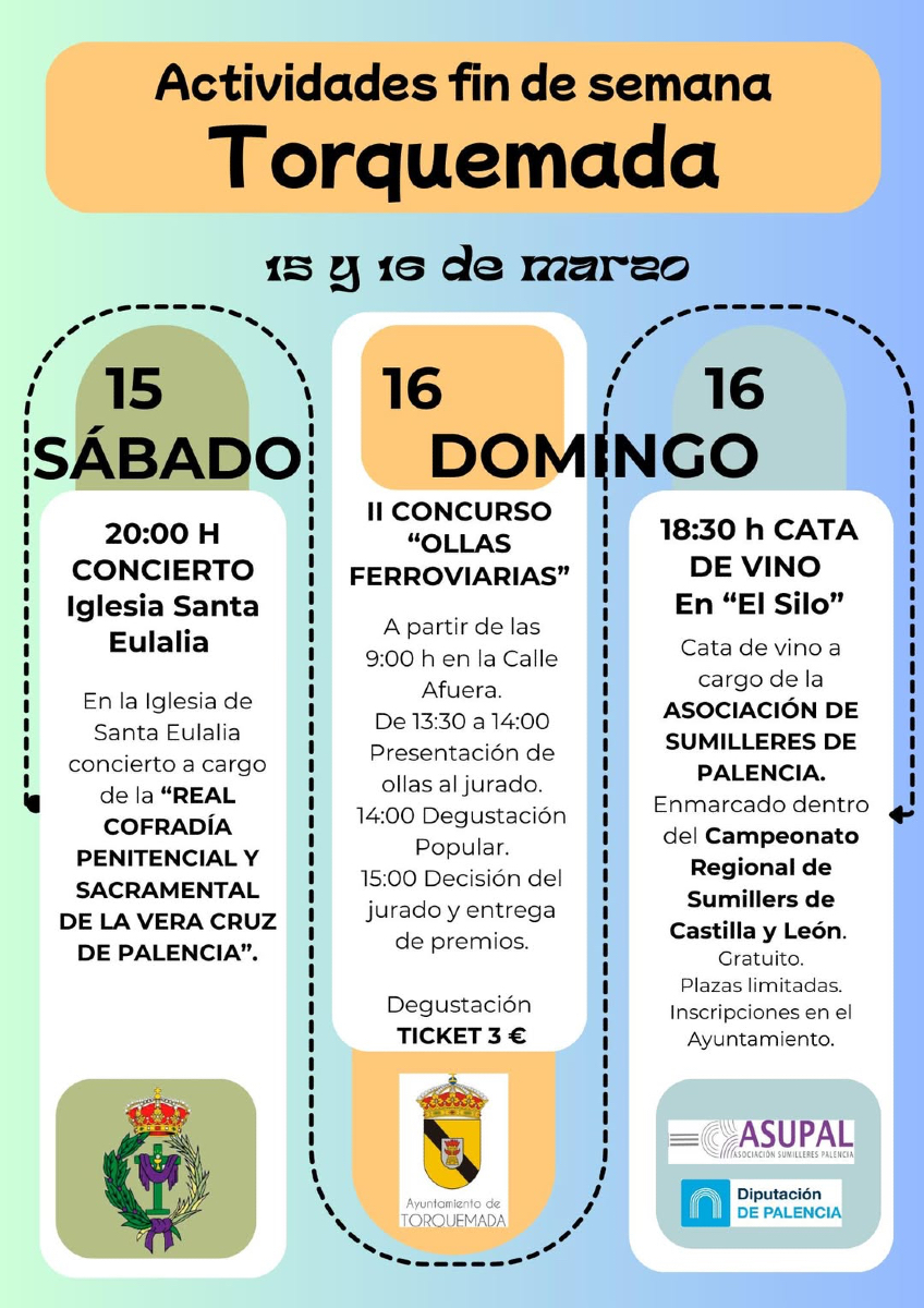 🍷 ¡Torquemada te espera este finde con grandes planes!

🗓 Sáb 15 | Concierto de la Real Cofradía Penitencial y Sacramental de la Vera Cruz.
🍲 Dom 16 (mañana) | II Concurso de Ollas Ferroviarias.
🍷 Dom 16 (tarde) | Cata de vino con la Asociación de Sumilleres de Palencia.
