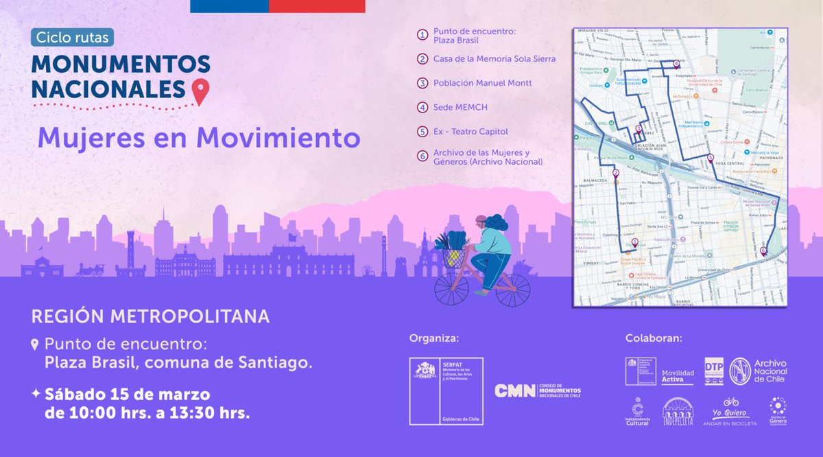 ALERTA DE CICLORUTA! El Consejo Nacional de <a href="/Monumentos_cl/">Consejo de Monumentos Nacionales de Chile</a> invita al recorrido MUJERES EN MOVIMIENTO que explorará hitos vinculados a movimientos de mujeres y a sus luchas por transformaciones que perduran hasta el día de hoy.
Sábado 15 de Marzo, 10am. Plaza Brasil. 🚲✨