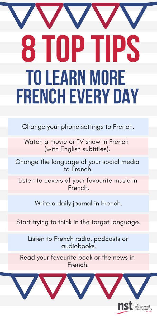 8 top tips to learn more #French every day…

Check out our FREE downloadable MFL classroom posters &gt;  
ow.ly/ZsA850VeAME

View NST's MFL trips &gt;
ow.ly/9P7750VeAMC

#mfltwitterati #languagelearning