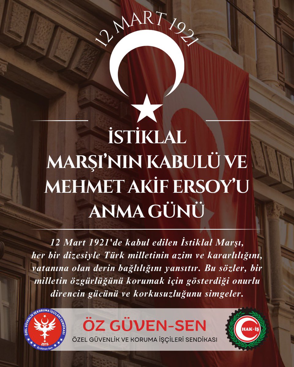 Egemenliğimizin ve bağımsızlığımızın simgesi olan İstiklal Marşı’mızın 104. Yıldönümünü kutluyoruz. Milli şairimiz #MehmetAkifErsoy’u ve şehitlerimizi rahmet, minnet ve saygıyla anıyoruz.

#12Mart