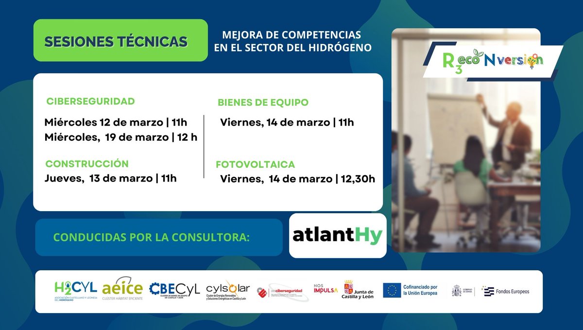 Asociación Castellano y Leonesa del Hidrógeno (@h2_cyl) on Twitter photo #ProgramaReconversión | Hoy comienzan las sesiones de apoyo dirigidas a empresas de #CastillayLeón que preparan su salto al #hidrógeno, en coordinación con: <a href="/ClusterAeice/">AEICE Clúster de Hábitat Eficiente</a>, <a href="/Cylsolar/">Cylsolar</a>, #AEIciberseguridad, <a href="/_CBECyL/">CBECyL</a> y <a href="/H2_CyL/">Asociación Castellano y Leonesa del Hidrógeno</a>
➕ info: bit.ly/SesionesTecnic…
info@h2cyl.com #ProgramaReconversión | Hoy comienzan las sesiones de apoyo dirigidas a empresas de #CastillayLeón que preparan su salto al #hidrógeno, en coordinación con: <a href="/ClusterAeice/">AEICE Clúster de Hábitat Eficiente</a>, <a href="/Cylsolar/">Cylsolar</a>, #AEIciberseguridad, <a href="/_CBECyL/">CBECyL</a> y <a href="/H2_CyL/">Asociación Castellano y Leonesa del Hidrógeno</a>
➕ info: bit.ly/SesionesTecnic…
info@h2cyl.com