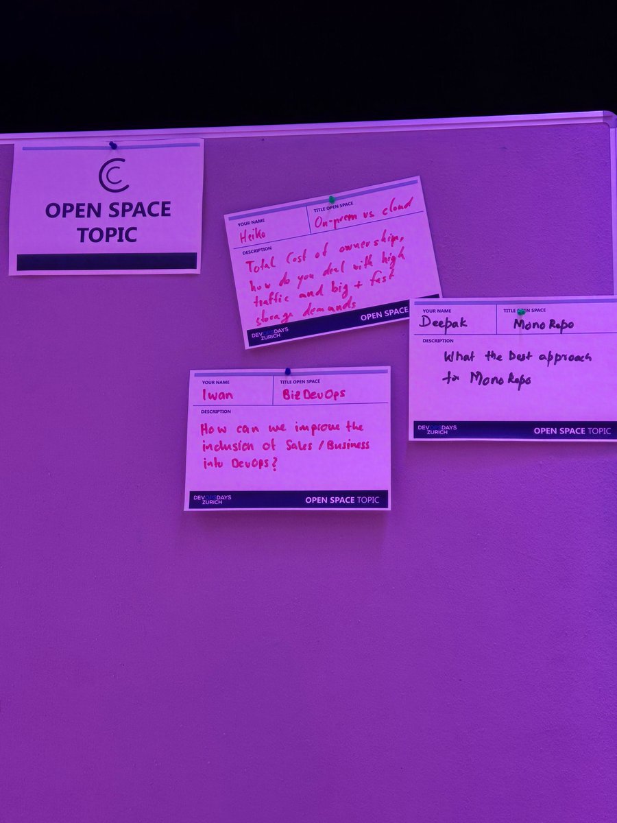 Some topics are starting to show up for the Open Spaces conversations. 

Any topic you would like to suggest? 

#DevOps #DevOpsDays #dodzh

<a href="/devopszh/">DevOpsDaysZH</a>
