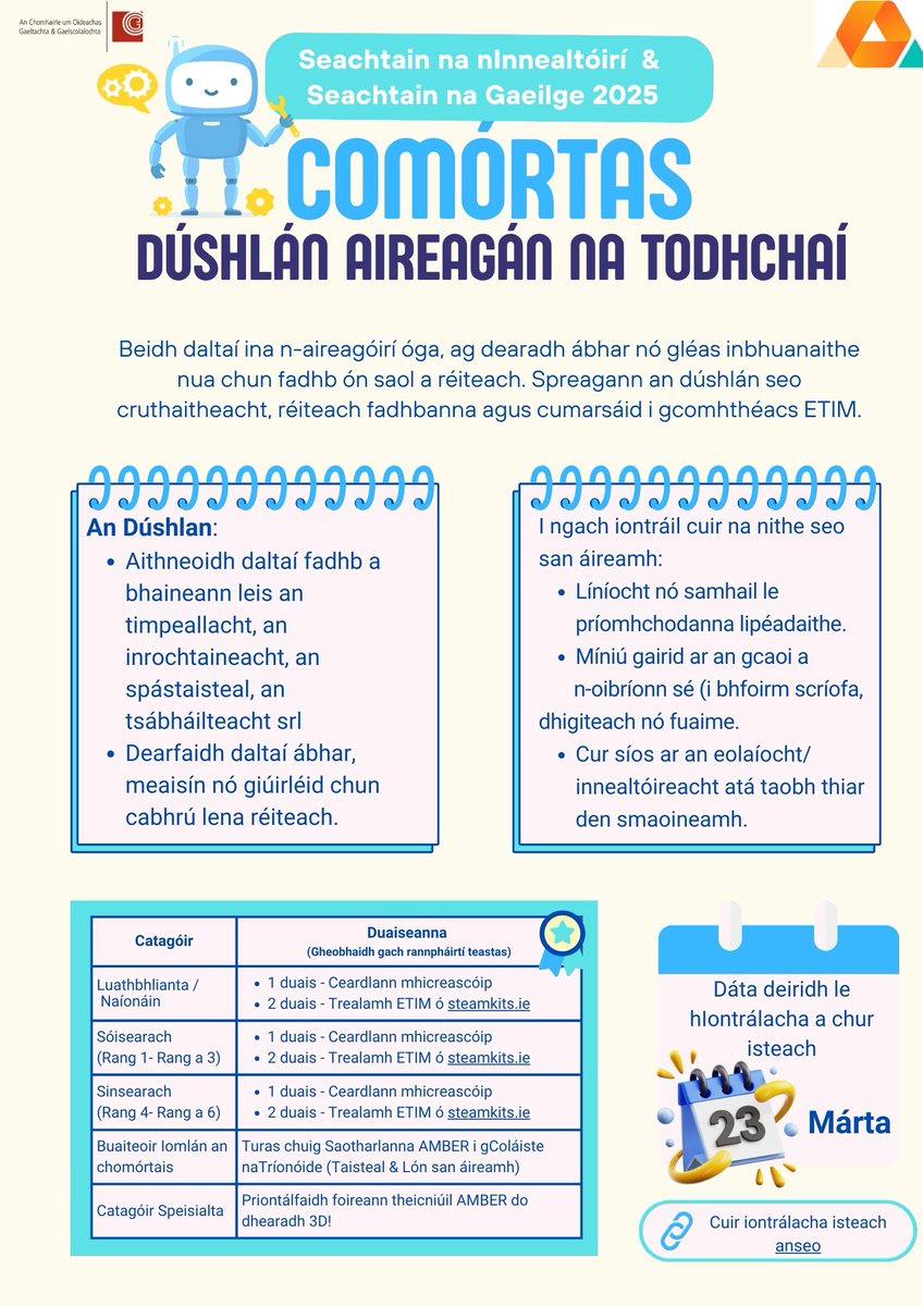 AMBER (@ambercentre) on Twitter photo AMBER x <a href="/CoggOid/">COGG Oideachas</a> Engineers Week/ Seachtain na Gaeilge: 'Future Inventions Challenge'
Open to all primary schools on the island. Entries must be submitted in Irish.
Amazing prizes: STEAM kits, workshops & visit to AMBER for the winners.
Details/entryš
ambercentre.ie/amber-x-cogg-e⦠AMBER x <a href="/CoggOid/">COGG Oideachas</a> Engineers Week/ Seachtain na Gaeilge: 'Future Inventions Challenge'
Open to all primary schools on the island. Entries must be submitted in Irish.
Amazing prizes: STEAM kits, workshops & visit to AMBER for the winners.
Details/entryš
ambercentre.ie/amber-x-cogg-eā¦