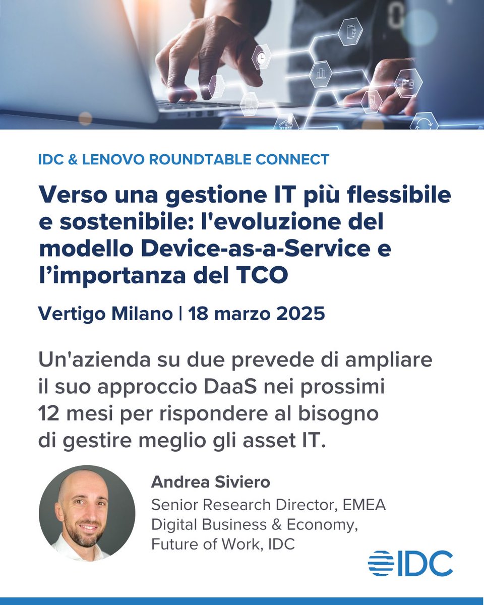 Un nuovo approccio alla gestione dei dispositivi aziendali.

Unisciti ad IDC e <a href="/lenovoitalia/">Lenovo Italia</a> il 18 marzo a Milano per parlare di #DaaS e scoprire come ottimizzare i costi e  migliorare la produttività: lnkd.in/dgh_P-wD

#idc #lenovo #daas