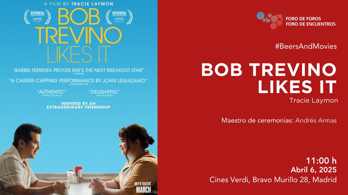 ¡🍿 Te invitamos a un nuevo encuentro de #BeersAndMovies en <a href="/forodeforos/">Foro de Foros</a> ! 🍻🎬

📽️ Película: Bob Trevino Likes It
🎙️ Maestro de Ceremonias: <a href="/andresarmasp/">Andrés Armas</a> 
🗓️ Fecha: Domingo, 6 de abril, 2025
🕚 Hora: 11:00 h
📍 Lugar: <a href="/CinesVerdiMad/">Cines Verdi Madrid</a> 

🔗Inscríbete: docs.google.com/forms/d/e/1FAI…
