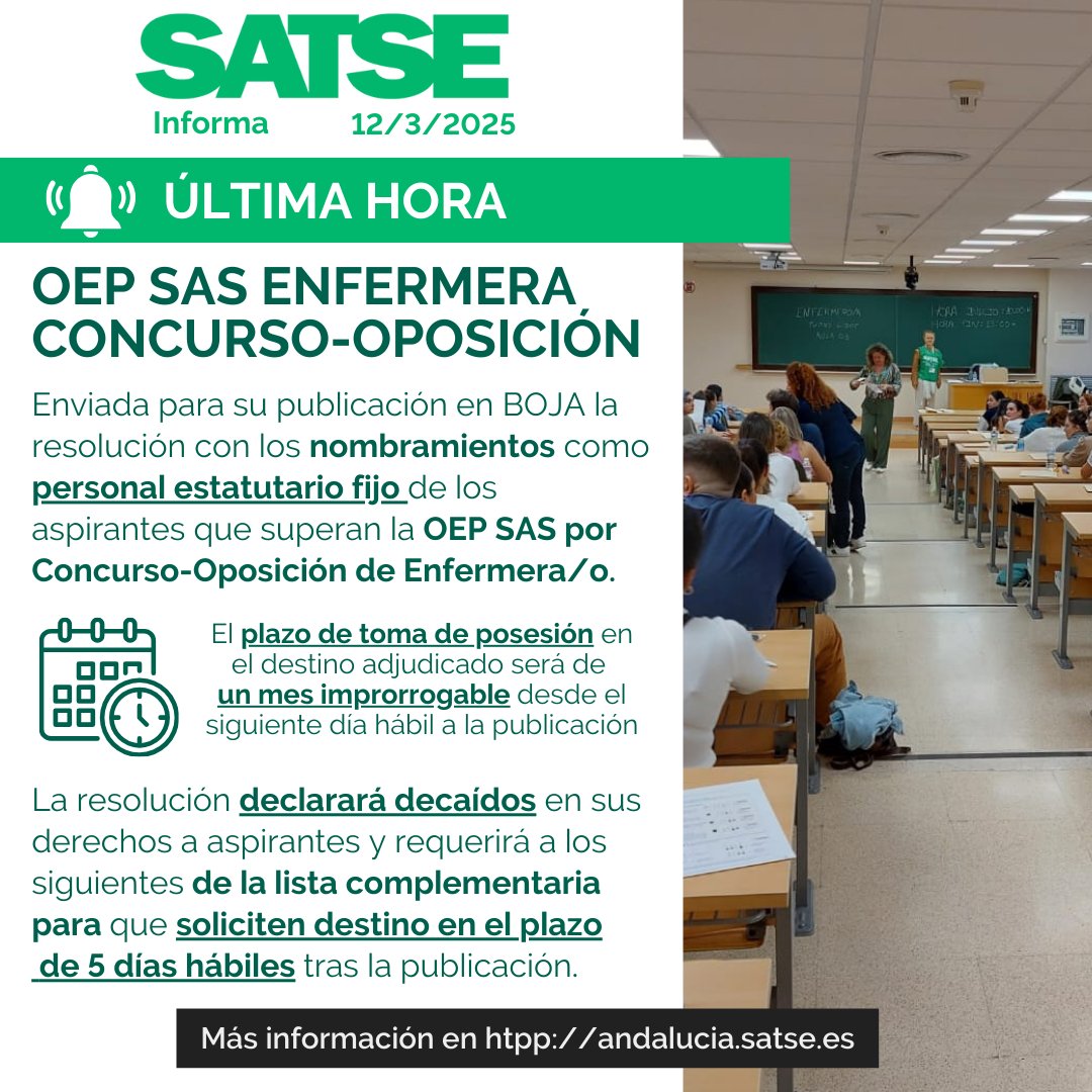 SATSE_Andalucia's tweet photo. 🔜¡Por fin! Se ha enviado a BOJA los nombramientos con destinos adjudicados de la OEP SAS Estabilización de #Enfermera/o por concurso-oposición
❌✅Se publicarán también los decaimientos y los aspirantes que entran de la lista complementaria
➕Información https://t.co/0iZuy9kJo6 https://t.co/rGhTKoAoqB