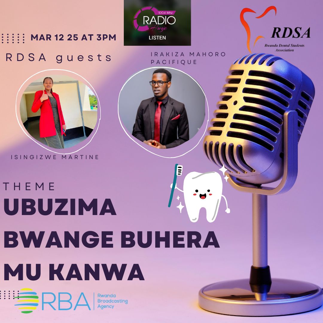 RDSA (@rdsarwanda) on Twitter photo 🚀 Big things loading... Stay tuned! 👀 We're having a radio talk about Oral health and its Impact on overall health at 3 PM today on <a href="/RadioHuye/">RADIO HUYE</a> 100.4 Mhz
#oralhealthpromotion #wohd25 🚀 Big things loading... Stay tuned! 👀 We're having a radio talk about Oral health and its Impact on overall health at 3 PM today on <a href="/RadioHuye/">RADIO HUYE</a> 100.4 Mhz
#oralhealthpromotion #wohd25